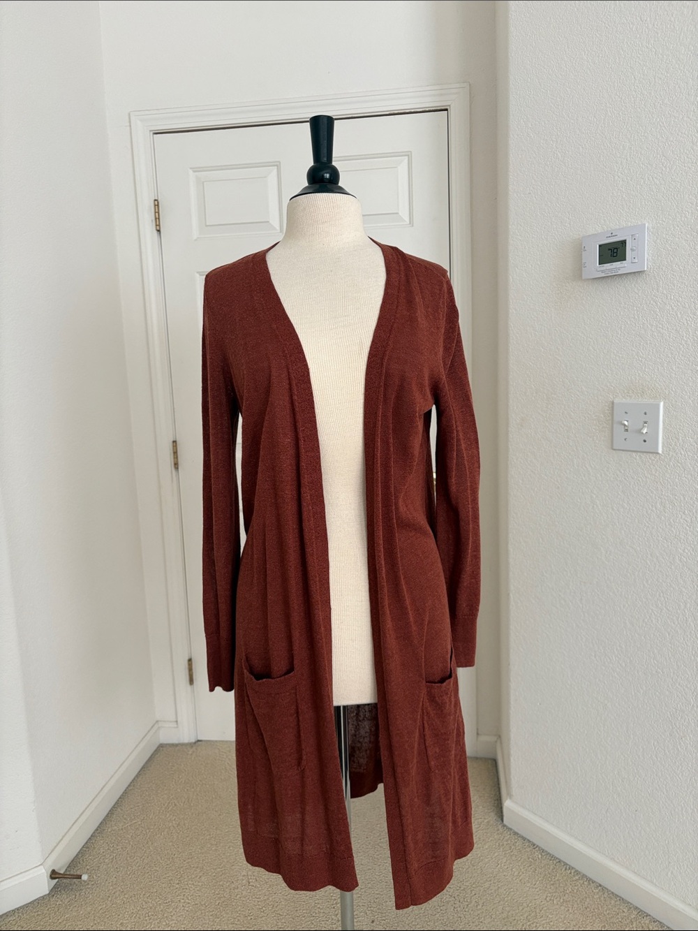 Halogen Long Open-Front Cardigan Sweater - Rust Brown